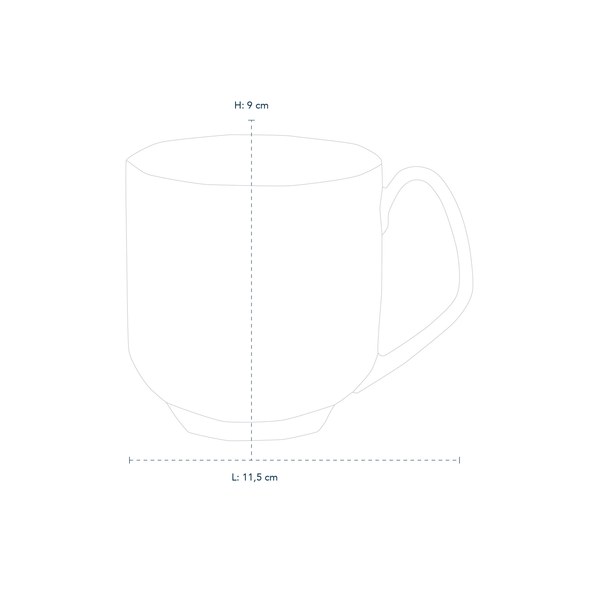 Line drawing with measurements of the White Facet Mug 33 cl